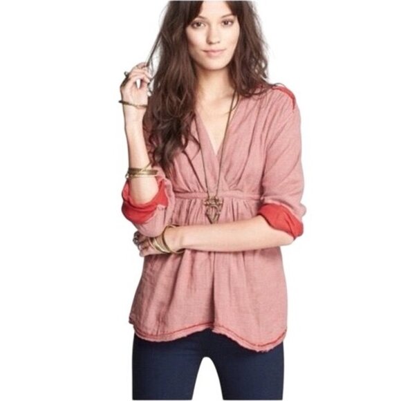 Free People Tops - Free People Deep V-Neck Empire Waist Micro Striped Casual Baby Doll Top
